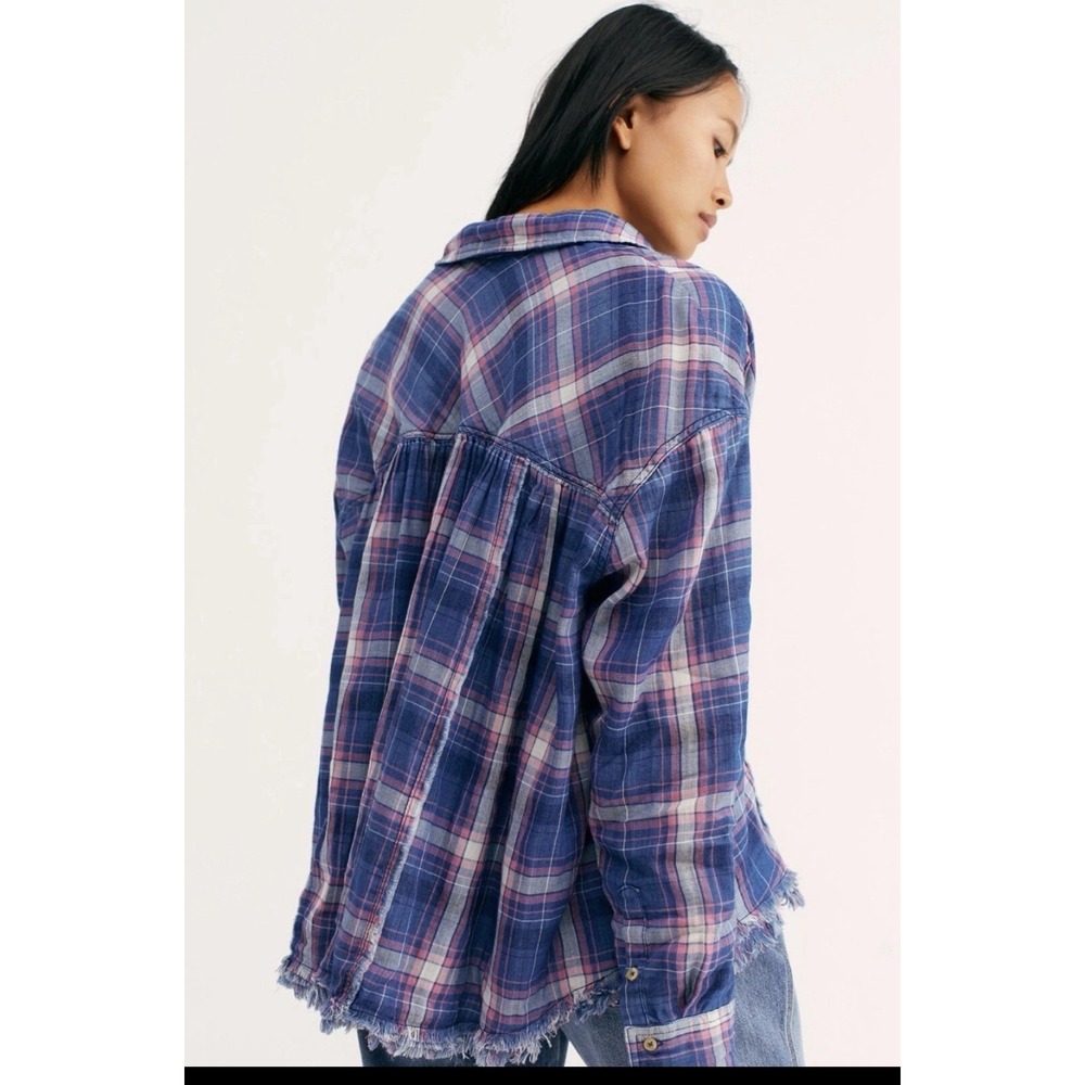 Free People Seeking Starlight Boho Swing Shirt Medium Raw Hem Peplum Button Down - Picture 9 of 9